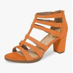 FSJ Orange Chunky High Heel Sandals Open Toe T-Strap Cutout Zipper Dress Shoes